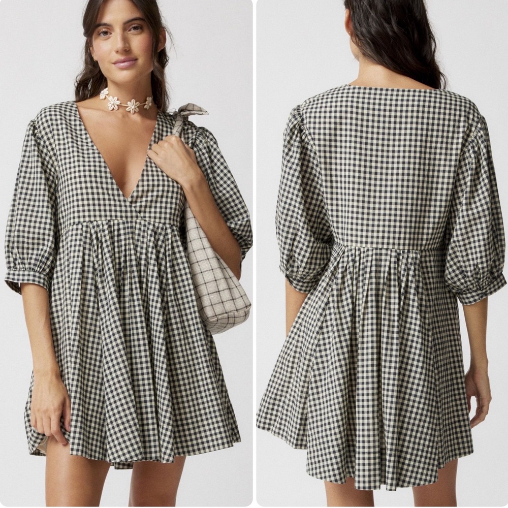 Ecote UO Womens Gingham Vero Shapeless V-Neck Cottagecore Babydoll Mini Dress S